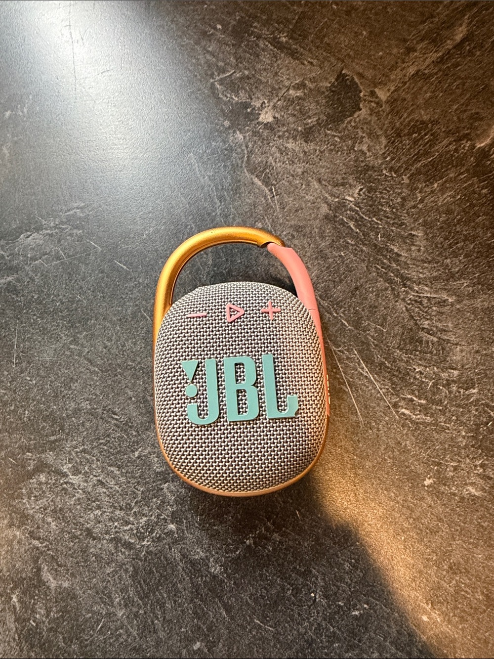 JBL Clip 4 Portable Bluetooth Speaker - Teal Logo on Gray/Gold/Pink